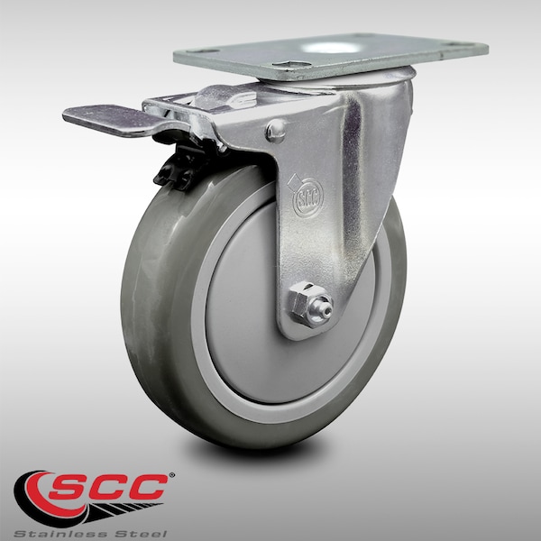 5 Inch SS Gray Polyurethane Top Plate Caster with Total Lock Brake SCC